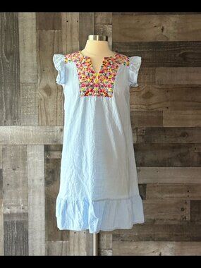 Blue fiesta dress medium rainbow floral embroidery festival boho party summer